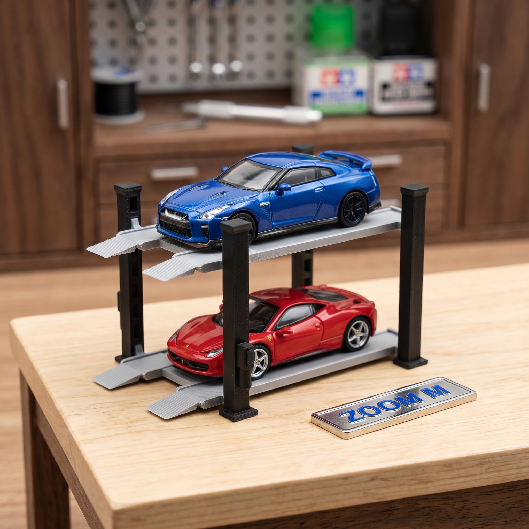 1/64 Diorama Auto Vitrine Druckguss Auto Garage Legierung Autos Modell Spielzeug Display Stand, Miniatur Parkhaus Spielzeugauto Parkplatz, Druckguss-Autogarage für Ausstellungen, Schwarzgrau