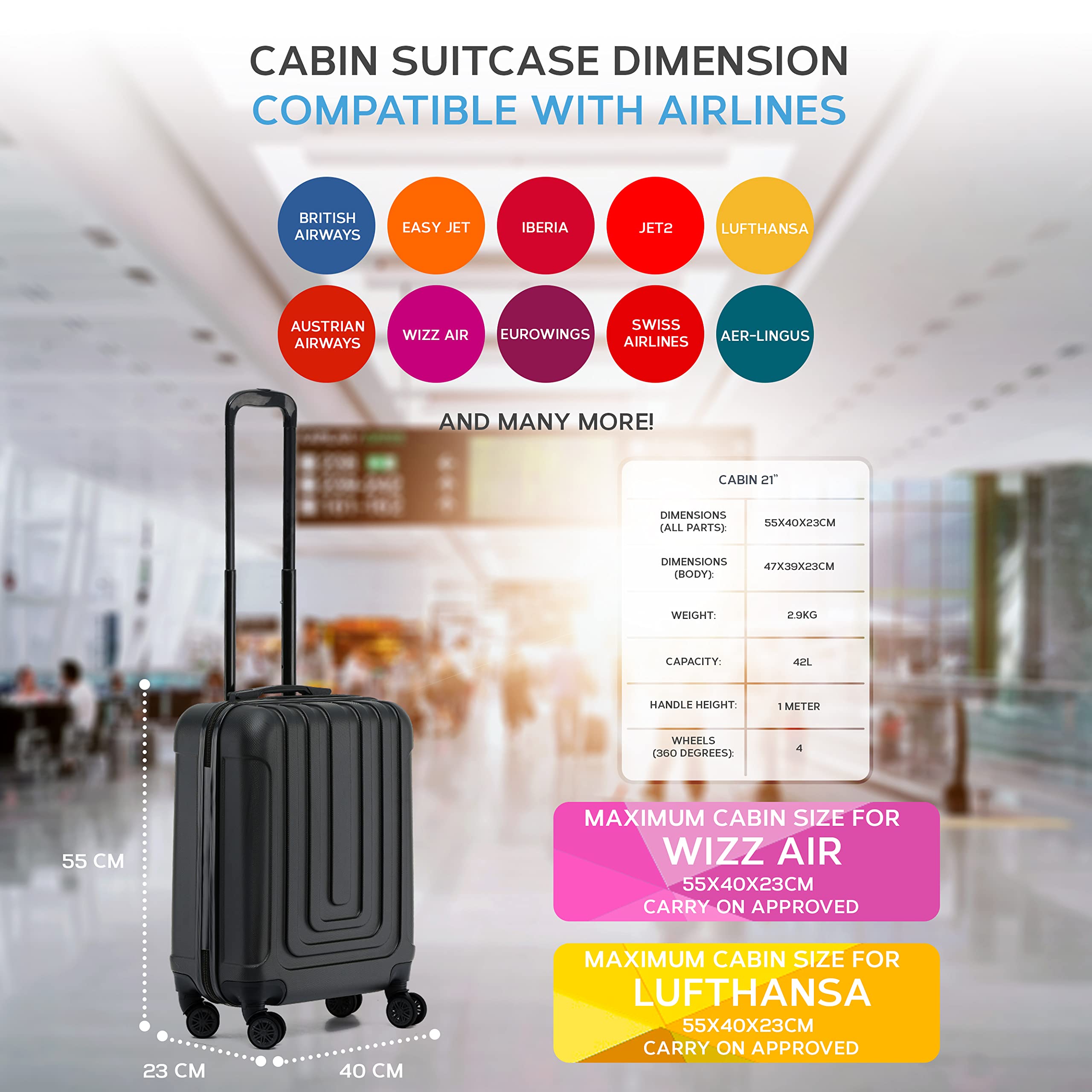 Flight Knight Premium Valigia Da Cabina Leggera Rigida - 8 Ruote Girevoli - Lucchetto Tsa Integrato E Porta Usb - Bagaglio Approvato Per Compagnie Aeree Come Easyjet E Lufthansa 55x40x23cm
