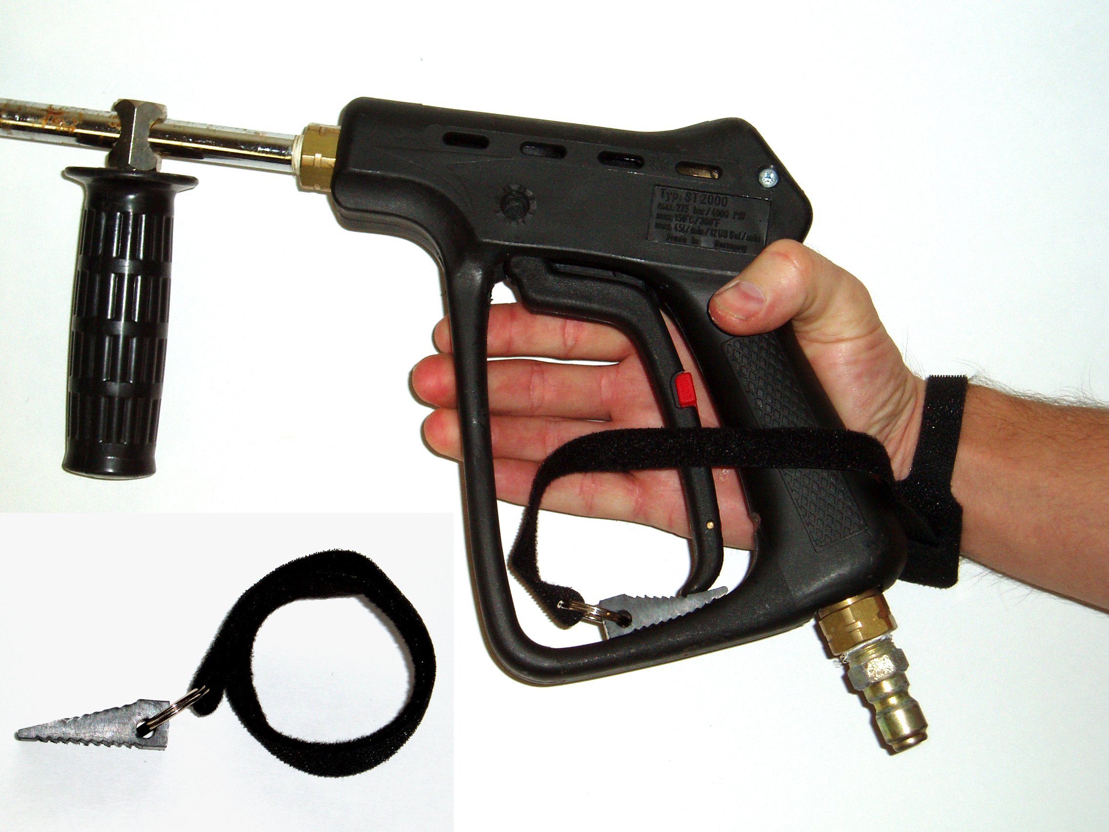 Pressure washing gun accessory. Temporarly engages triggers to reduce hand fatigue on guns and srurface cleaners.
