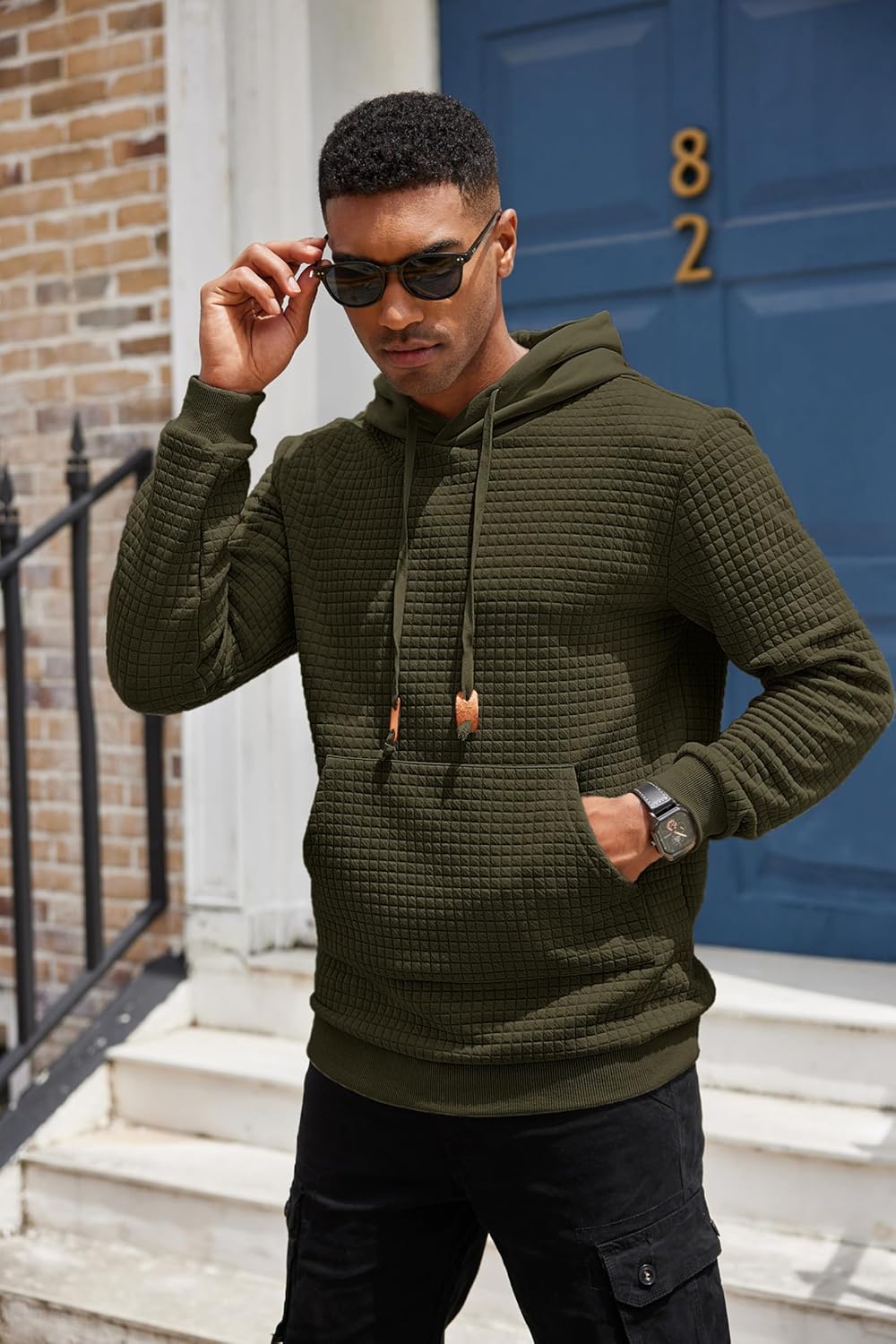 COOFANDY Mens Hoodies Sweatshirts Long Sleeve Fashion Waffle Knit Pullover Hoodie with Pocket - Image 3