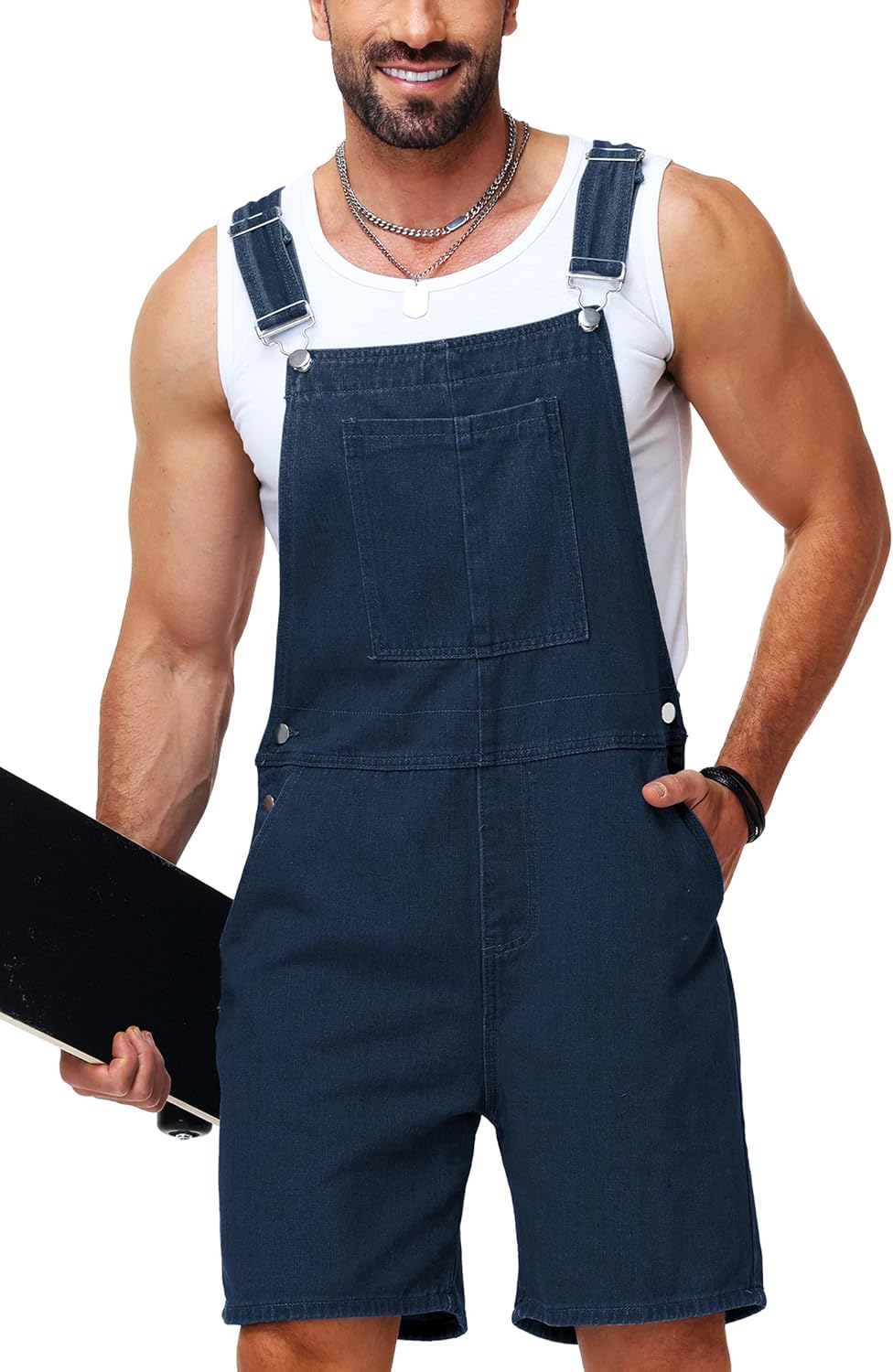 Men Denim Shorts Overalls Solid Color Bib Jumpsuit Jeans Coveralls with Pockets