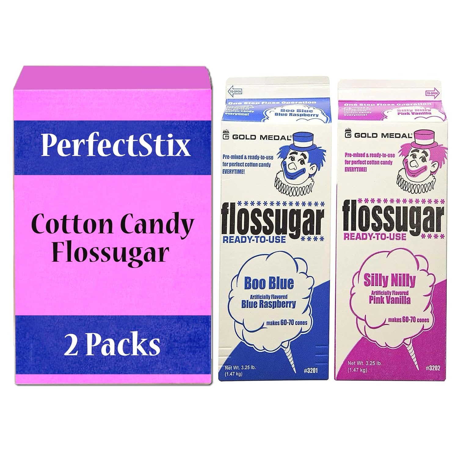 3.25lb -Cotton Candy Floss Sugar (2 Pack)- Pink Vanilla and Blue Raspberry. Ready to Use. Each Carton Made From Paper Earth friendly Carton.