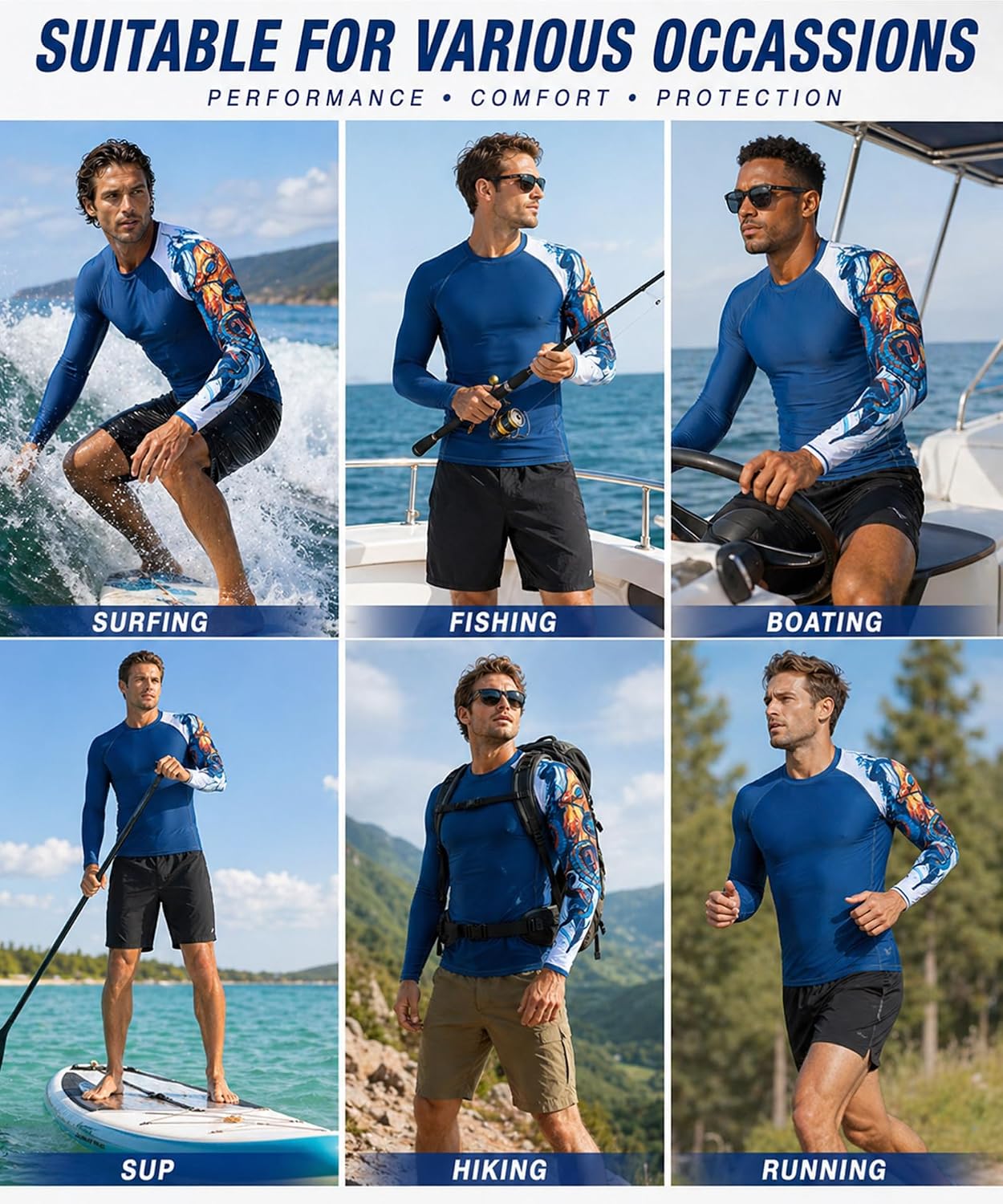 HUGE SPORTS Men's Swim Shirts Long Sleeve UPF 50+ Rash Guard Sun Shirts UV Sun Protection