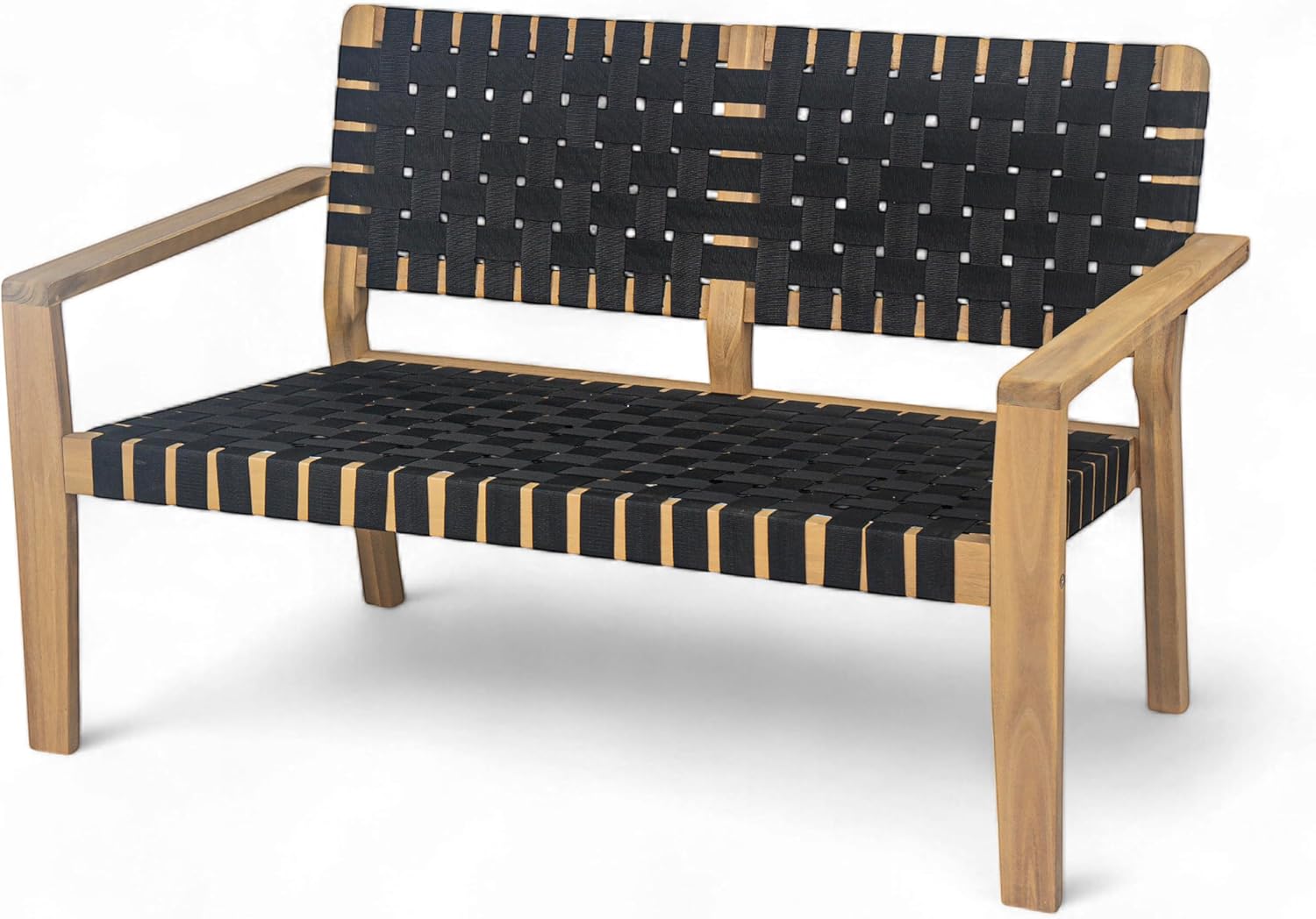 Christopher Knight Home Lenno Patio Loveseat, Acacia Wood Outdoor Bench, Woven Rope Armchair, 2 Seater Bench, Spacious Seating Sofa, Outdoor Acacia Wood Loveseat for Gardern Poolside Porch, Black