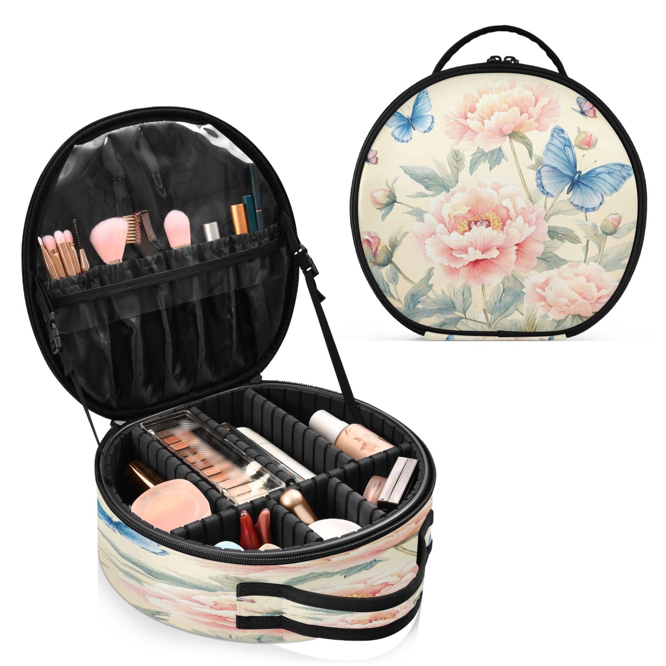 Takiito Delicate Pink Peonies Butterflies Travel Makeup Case Portable Makeup Box Artist Cosmetic Case Organizer With Adjustable Dividers