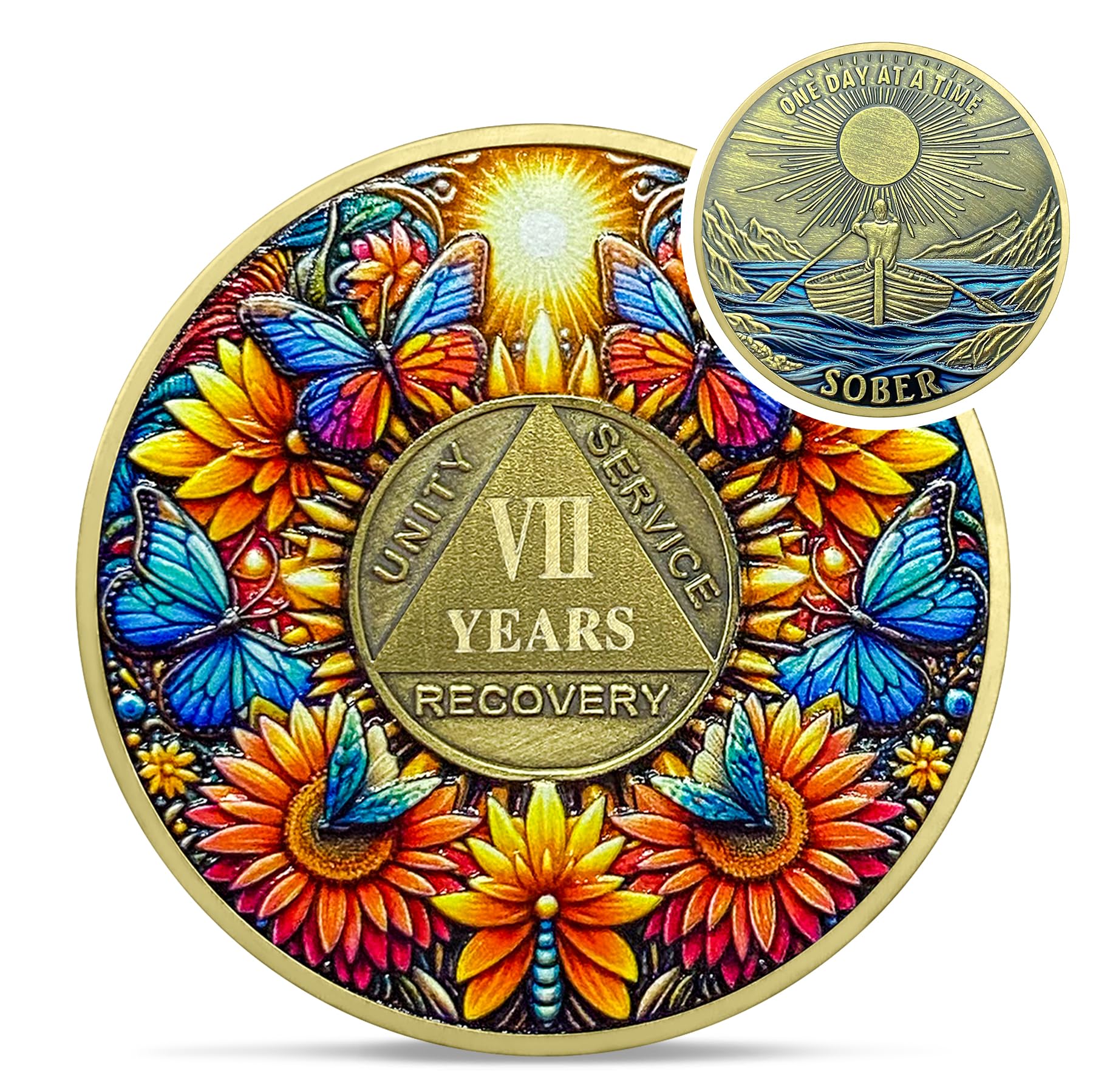 Delicate Sunflower 7 Year Sobriety Coin - Seven Year Recovery Butterfly AA Coins - One Day at A Time NA HA AA Chips and Medallions - 1-20 Years Living Clean Alcoholics Anonymous Gifts for Men Women
