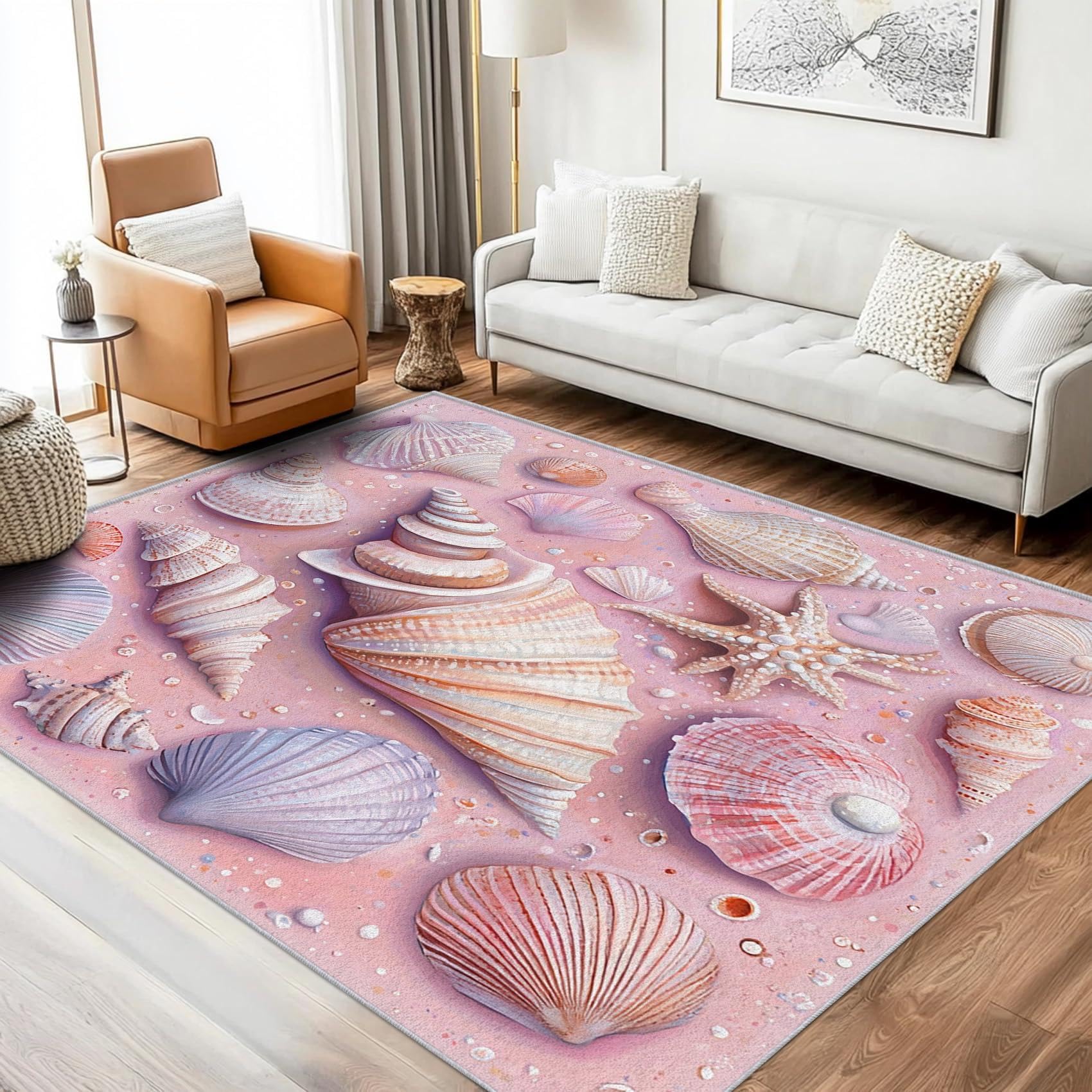 Tapis chambre enfant rose motif coquilles pour une ambiance bord de mer