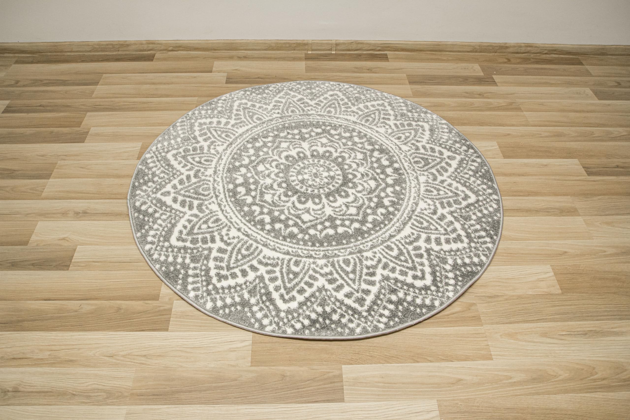 Teppich Runder Muster Mandala Boho 140cm Weiß Grau, moderne Teppiche Wohnzimmer kurzflor, Teppiche Area Gegend, Tepich Schlafzimmer,Bedroom Rug