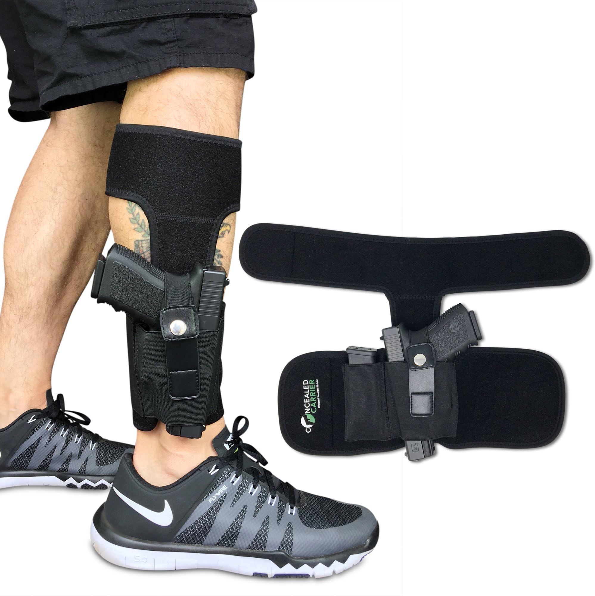 CONCEALED CARRIER (TM) Ankle Holster for Concealed Carry Pistol | Universal Leg Carry Gun Holster with Magazine Pouch for Glock 42, 43, 36, 26, S&W Bodyguard .380, .38, Ruger LCP, LC9, Sig Sauer