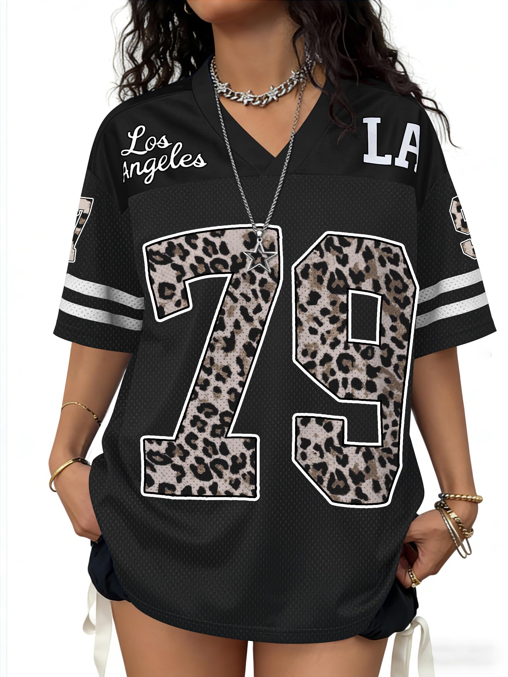 Plameil Jersey Shirts for Women Oversized Graphic Tees Men Y2K Tops V Neck, Black Graphic, L