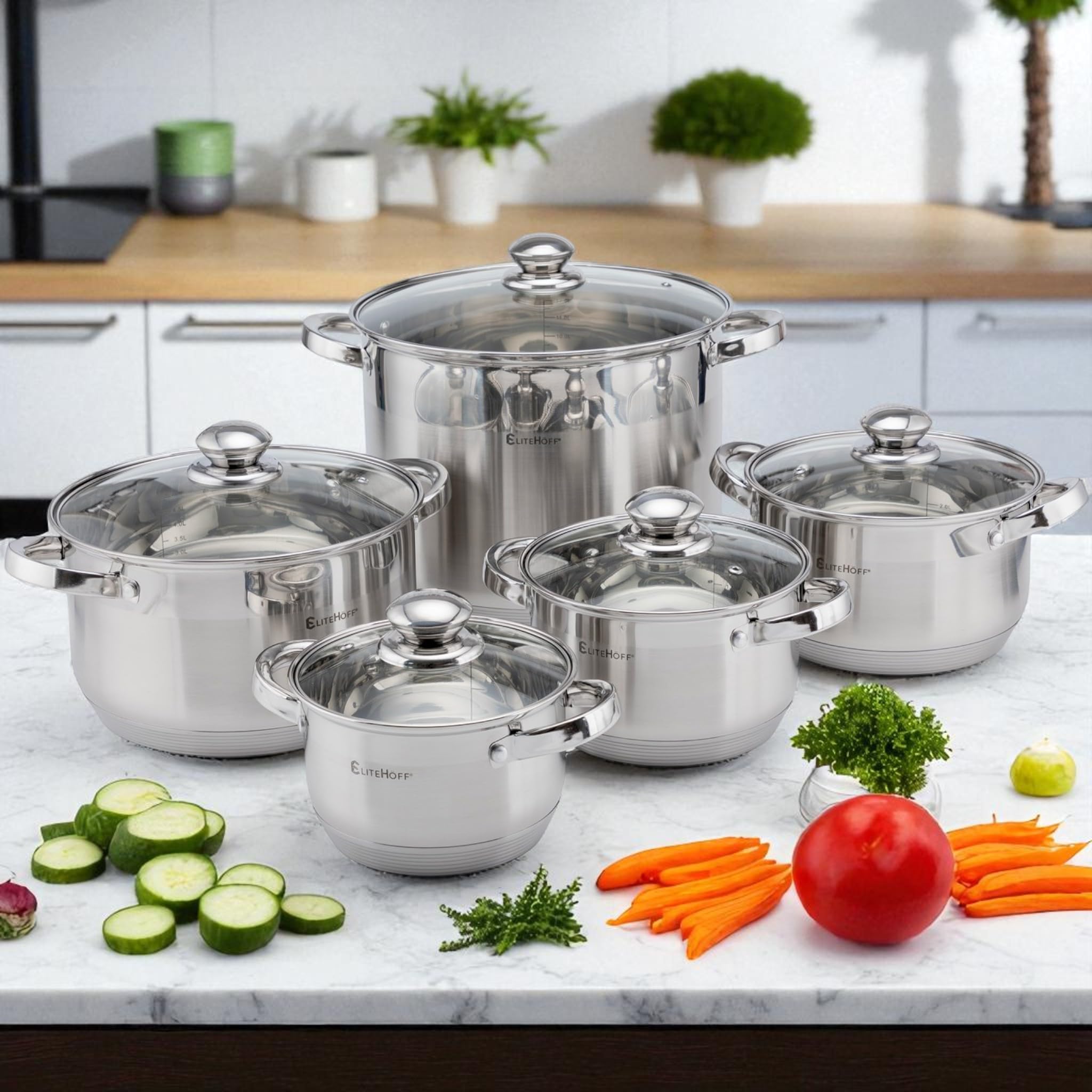 EliteHoff 10-teilig Induktion Kochtopf-Set, 7-lagig Edelstahl Kochtopf, 5er Set Töpfe mit Deckeln, für Alle Herdarten