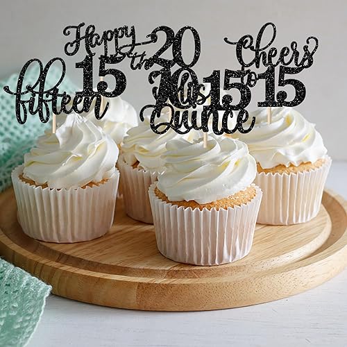 Miniatura 362 de Rsstarxi Paquete de 30 adornos para cupcakes de 15 cumpleaños con purpurina Mis Membrillo 15 desde 2010 Feliz 15º Cupcake Toppers Quince Cheers to