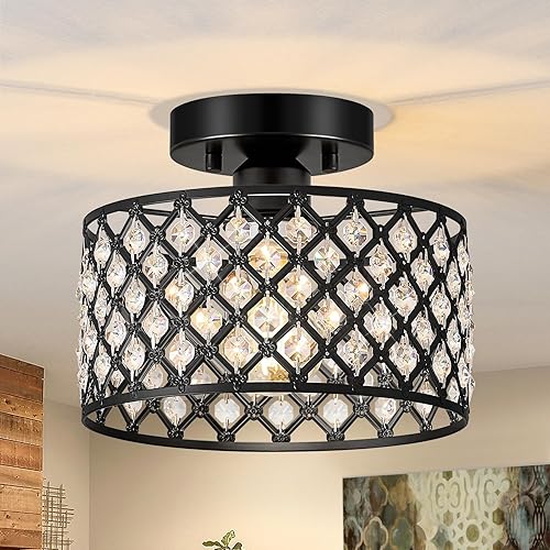 Black Crystal Ceiling Light Fixture,Modern Semi Flush Mount Ceiling Lighting Fixture,Round Small Chandelier for Hallway, Entryway, Laundry Room, Kitchen, Bedroom, Foyer, Bathroom, 1 Light, 9 inch