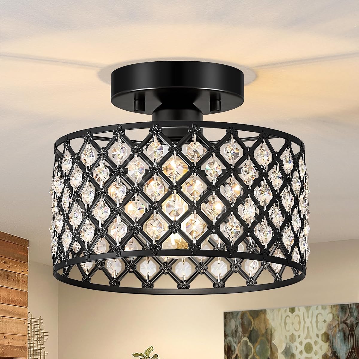 BZVESR Black Crystal Ceiling Light Fixture, Modern Semi Flush Mount Chandelier,