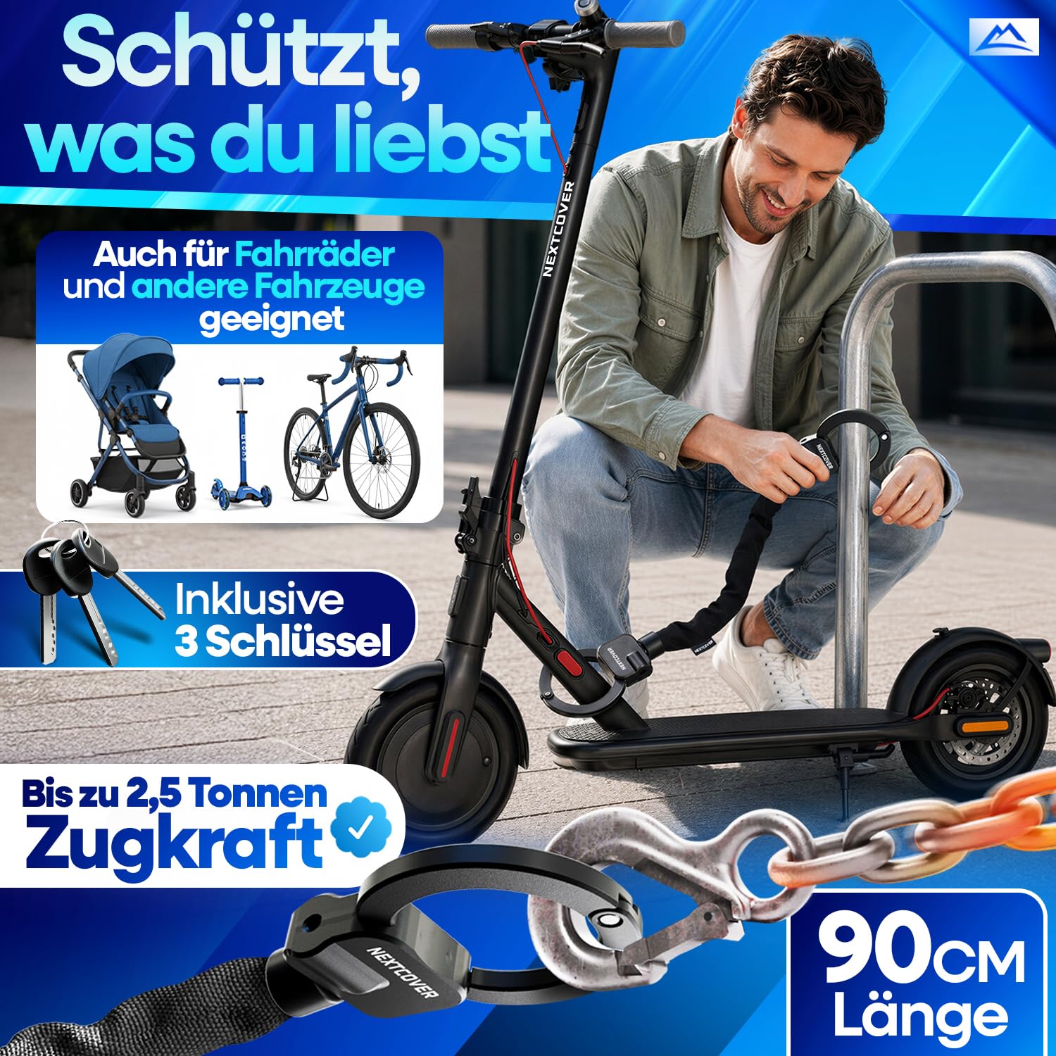 NEXTCOVER® Candado para patinete eléctrico con funda [tecnología Steel-Secure] | cierre de esposas incluye bolsa de transporte para scooter, eBike | Candado robusto, candado de cadena | accesorios