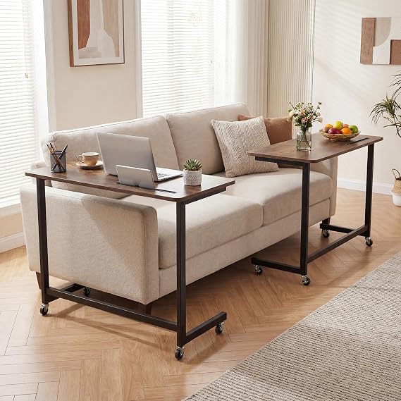 COSTWAY Mobile Sofa Side Table, Industrial Overbed Table with Wheels & Phone/Tablet Slot, C-Shaped Snack End Sofa Tray Tables Laptop Desk for Living Room Bedroom (Rustic Brown, 80 x 40 x 75cm)
