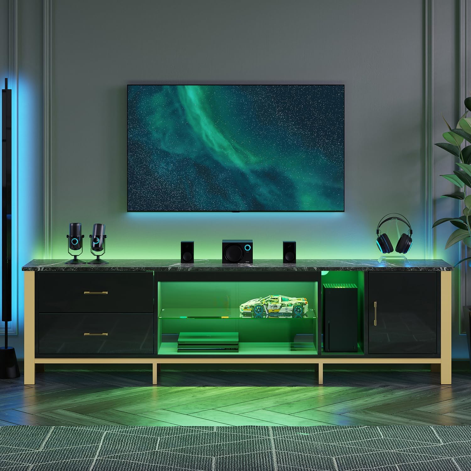 Bestier TV Stand for 75/80/85/90 Inch TVs, LED Gaming Entertainment Center, Modern TV Cabinet with Glass Shelves for Living Room, 2 Storage Drawers & Cabinets for Bedroom, Black Glossy