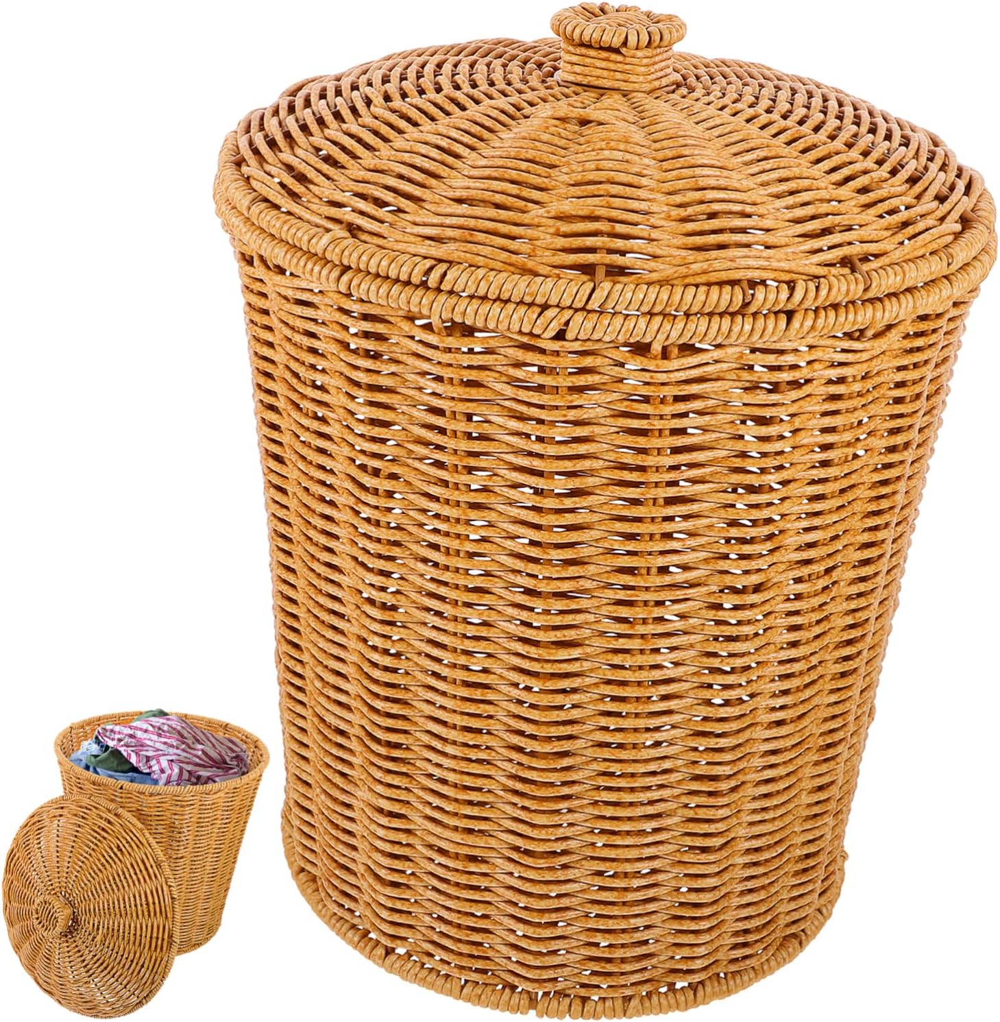 Portable Rattan Laundry Basket with Lid Sundries Storage Bin for Bedroom Bathroom Clothes Organization