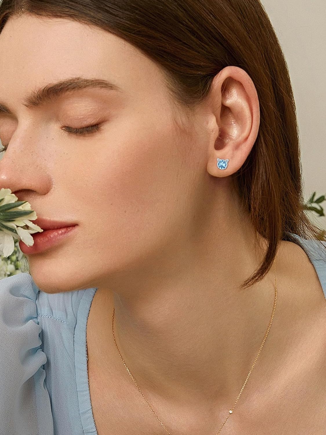 ChicSilver Cute Cat Earrings for Women - Hypoallergenic Sterling Silver Round Birthstone Cat Stud Earrings with Gift Box