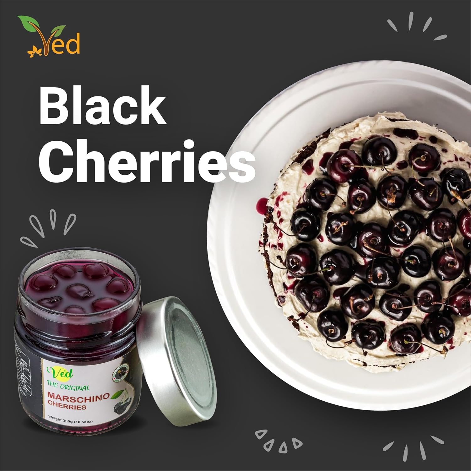 Ved Gourmet Cerezas al Maraschino Negras Originales - Cereza Italiana para Cócteles Antiguos - Cóctel Vegano, Cerezas Bourbon en Almíbar Natural para Guarnición de Cócteles, 300g - Imagen 5