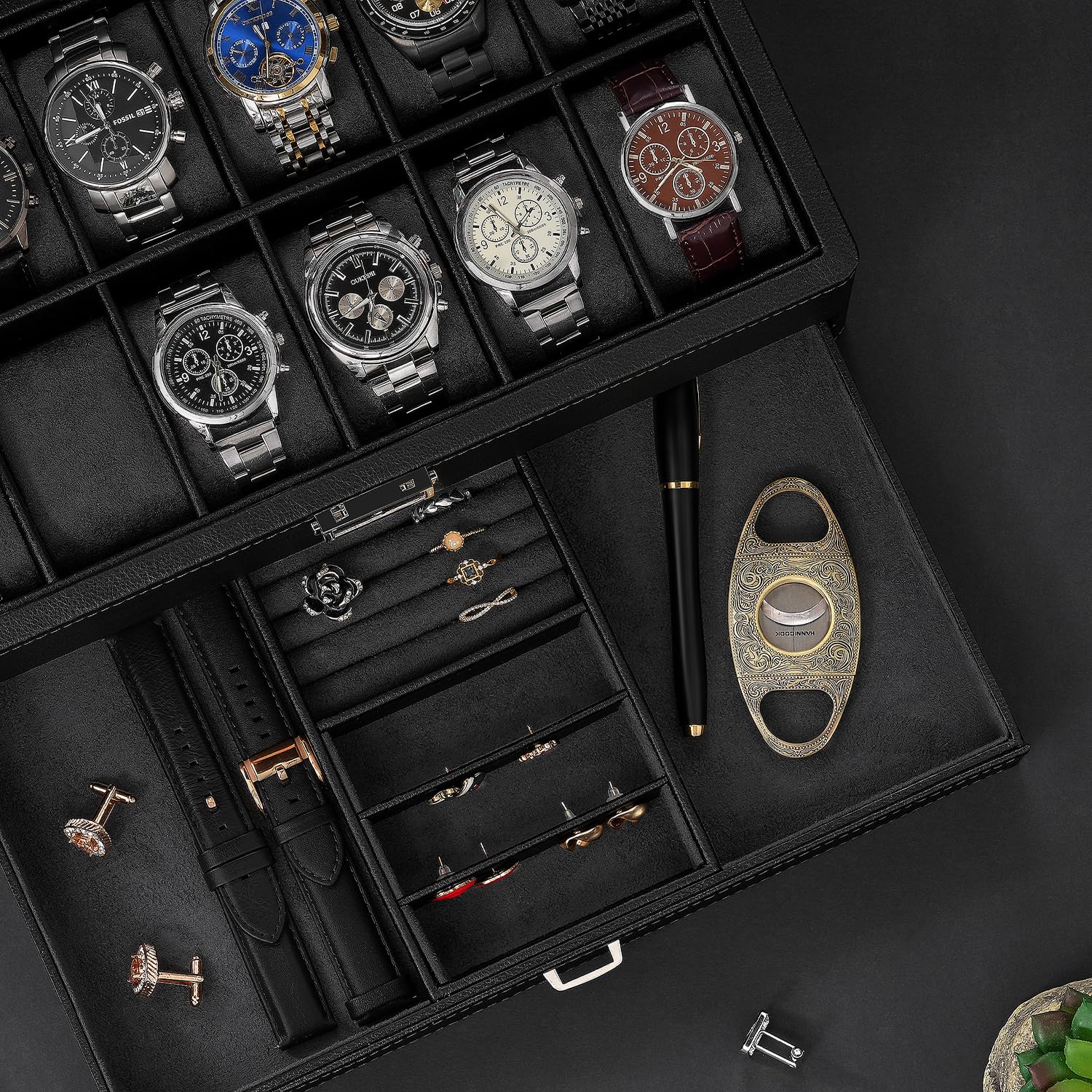 Uhrenkasten Herren BEWISHOME 12 Uhrenbox Mit Tablett Schublade