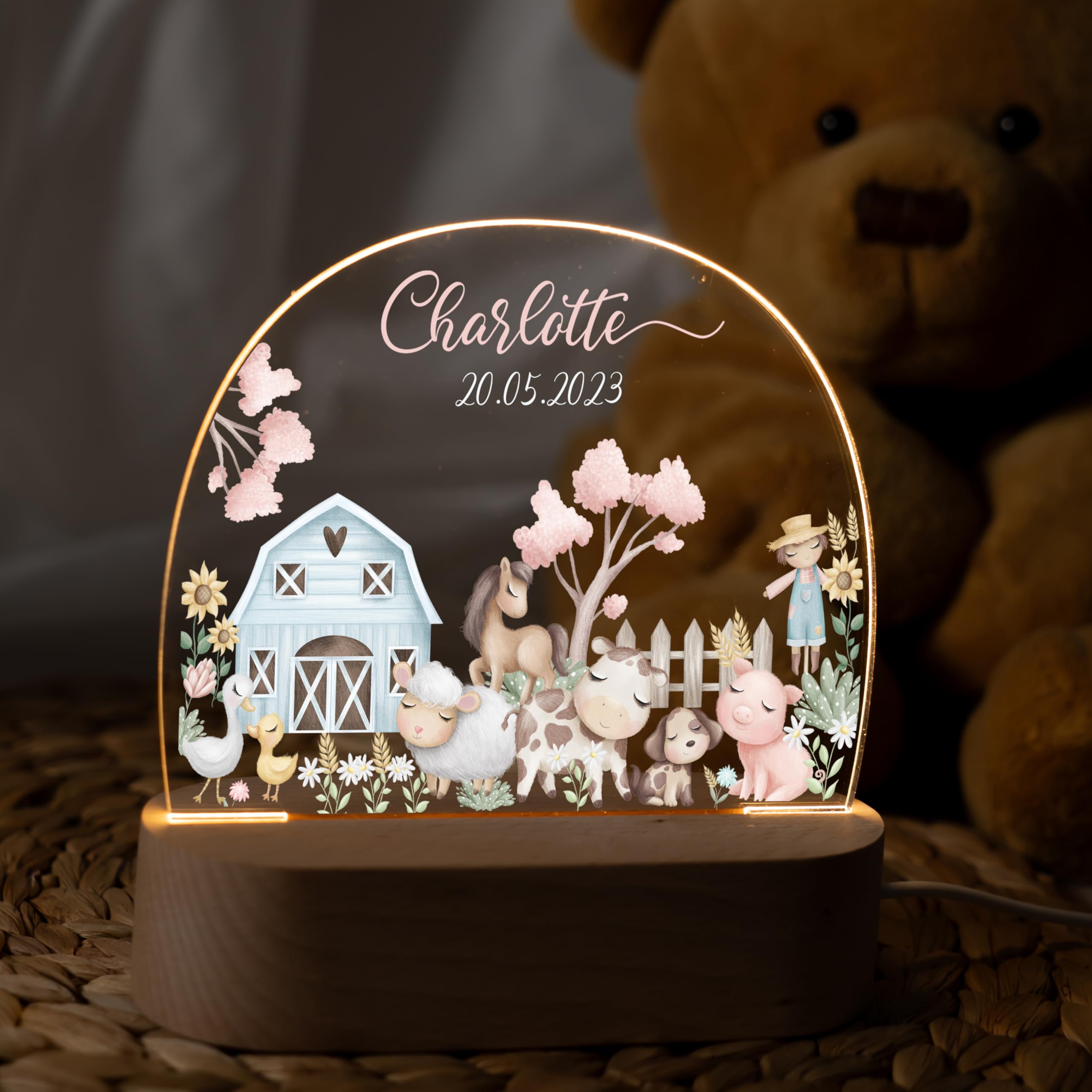 Kidsmood Personalisiertes Nachtlicht Baby mit Namen - Stilllicht Kinder LED, dimmbar, Holz - Babygeschenk Geburt, Taufgeschenk Mädchen Jungen, Kinderzimmer Lampe & Schlummerlicht [Bauernhof Freunde]