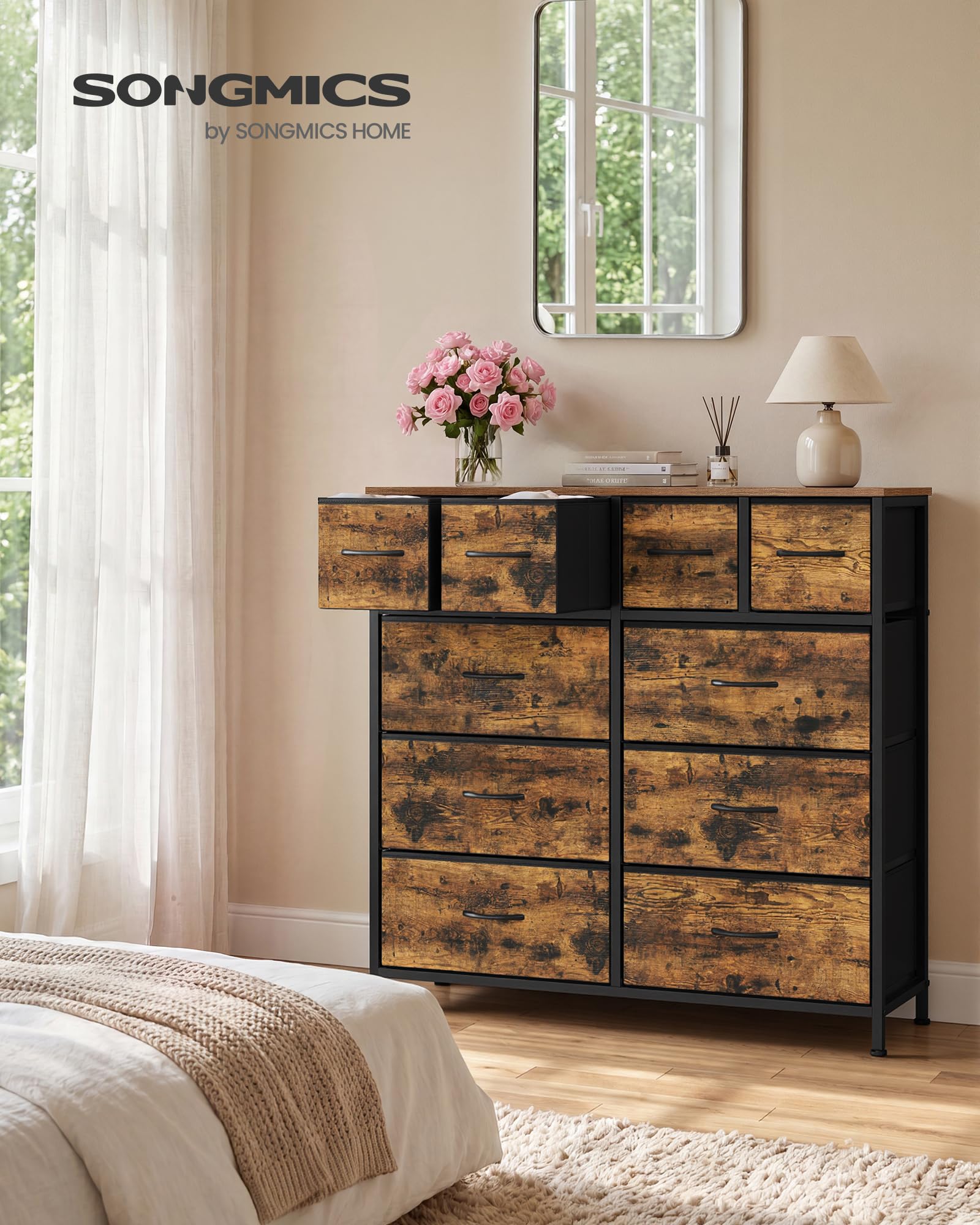 SONGMICS Kommode mit 10 Stoffschubladen, Schubladenschrank mit Metallgestell, Aufbewahrungsschrank, 98,7 x 30 x 96,2 cm, für Schlafzimmer und Flur, Rustikales Braun, BELLAH Kollektion LGS236K101