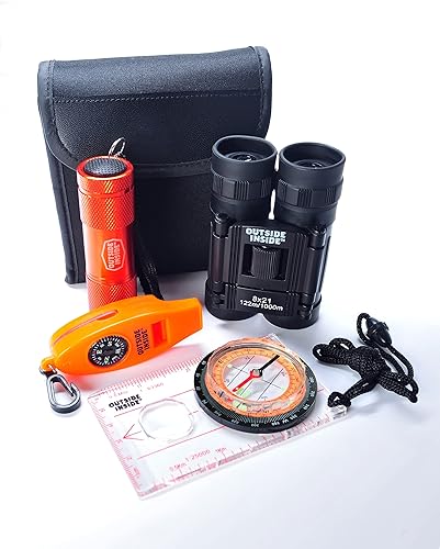 Outside Inside Explorer's Essentials Kit para aventuras al aire libre, incluye prismáticos, brújula, linterna y silbato, bolsa protectora de