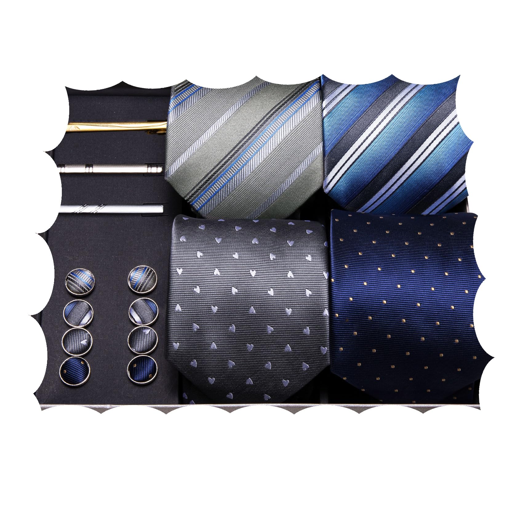 Barry.Wang Designer Mens Tie Sets Collection, Eleagnt Gift Box Tie Clips Handkerchief Cufflink Set