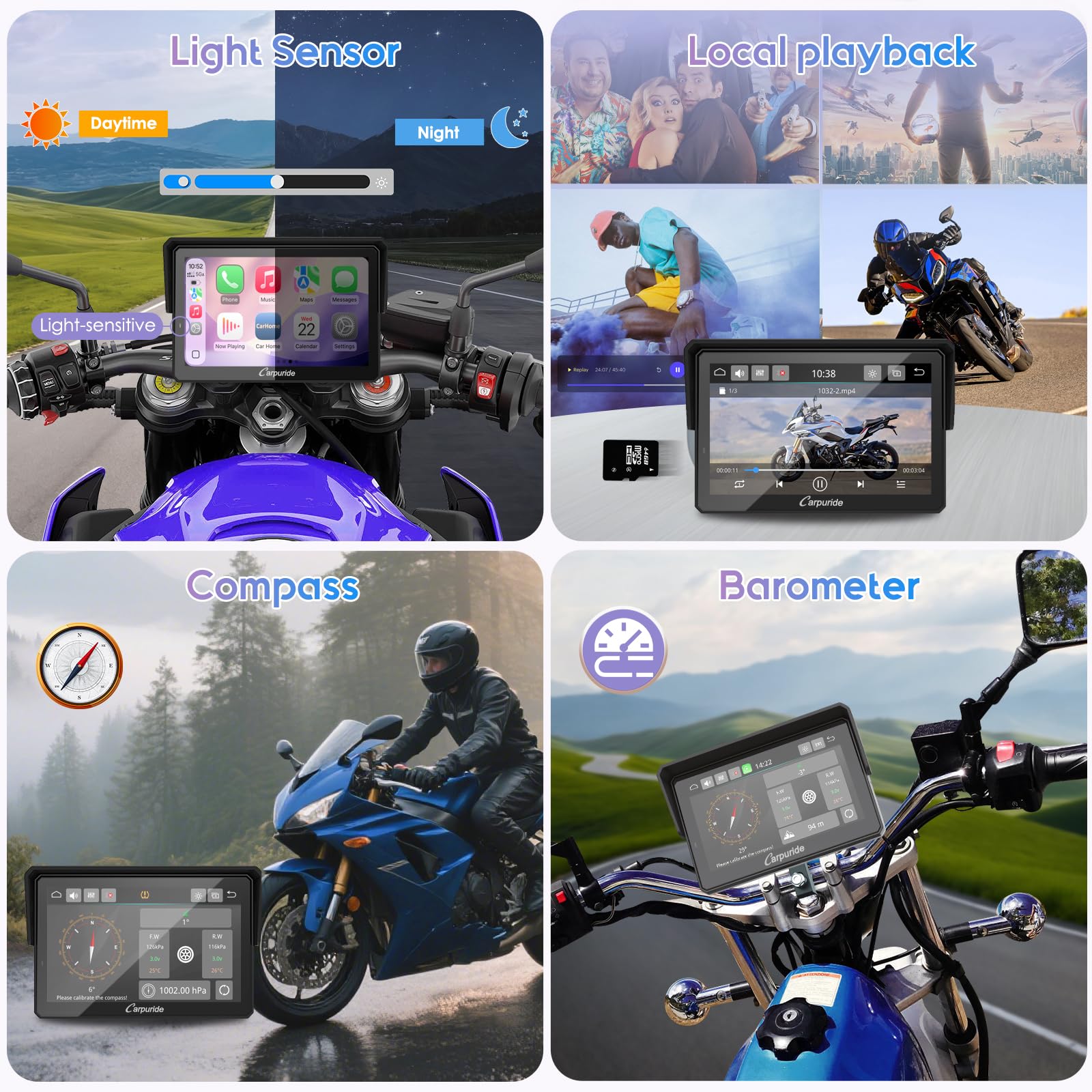 Carpuride W502TPRO do motocykli z CarPlay i Android Auto, TPMS i podwójnym Bluetooth – 5-calowy wodoodporny ekran nawigacji GPS do motocykli, interkom, korektor, czujnik światła, kompas, barometr