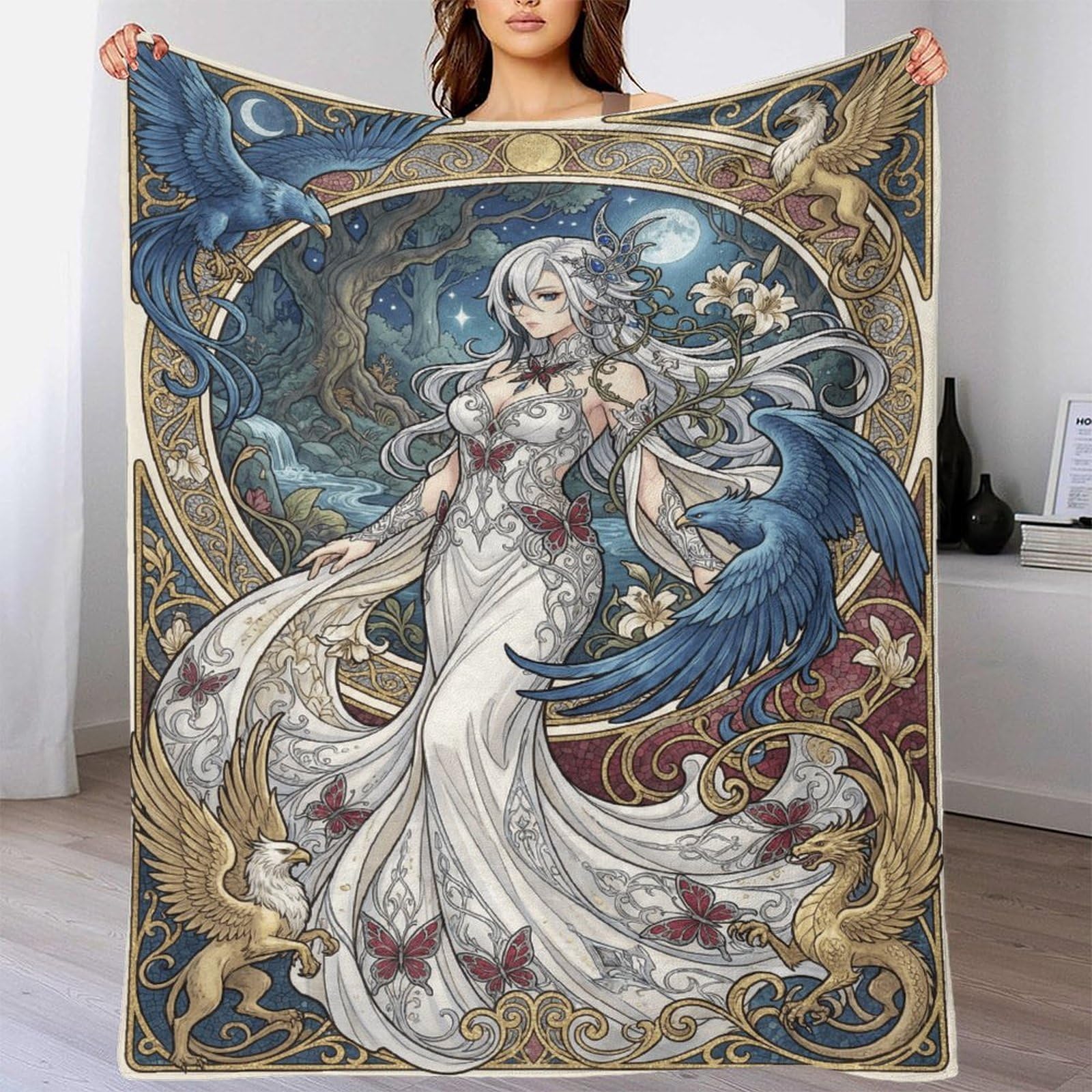 H3B8U2Y5 Art Nouveau Mucha Anime Flannel Throw Blanket, Bed Camping Travel
