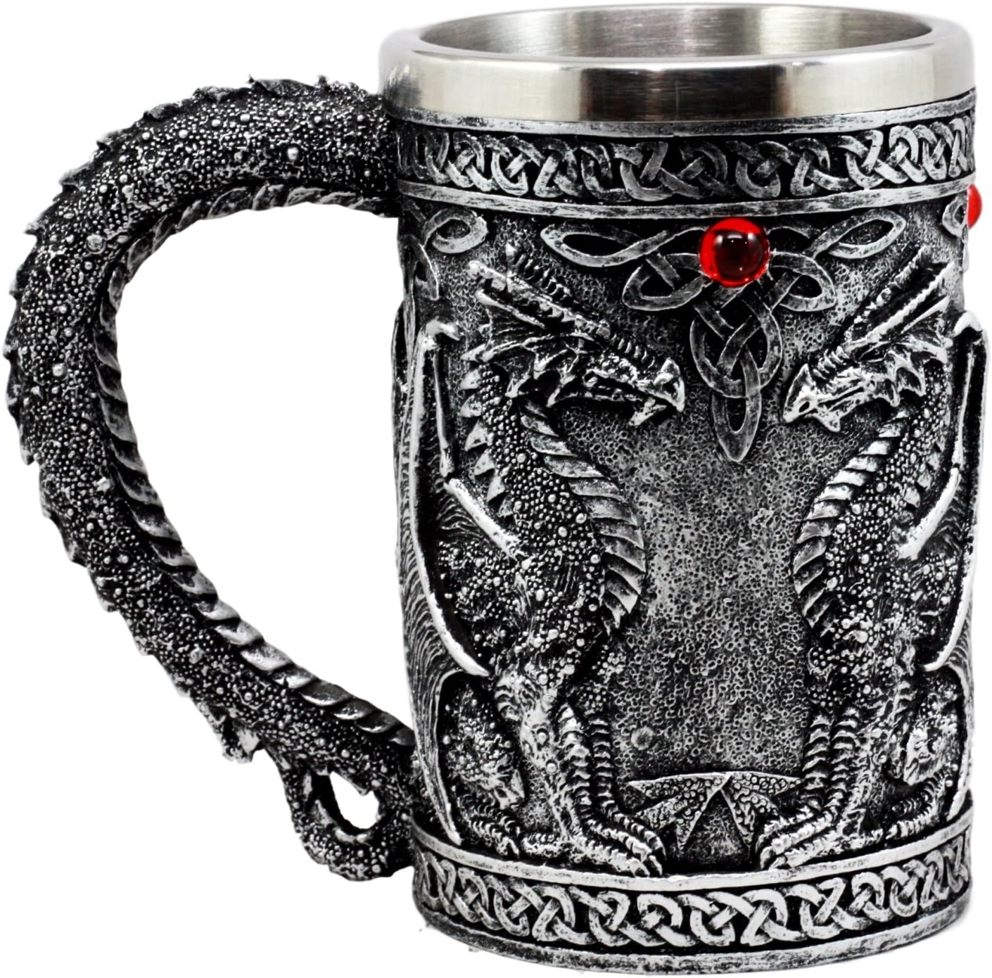 Ebros Gift Large Silver Celtic Twin Dragon Fire Drakes Coffee Mug Beer Stein Tankard Drink Cup 14oz