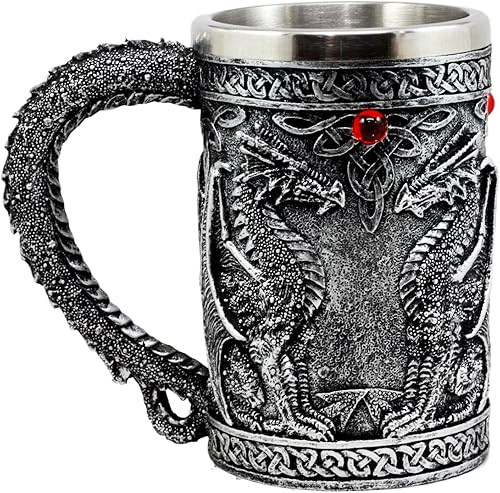 Ebros Gift Taza de café grande de plata celta doble dragón fuego drakes cerveza Stein Tankard bebida taza 14oz