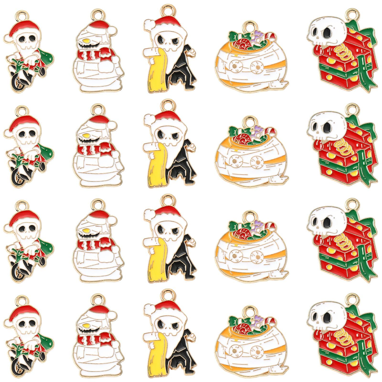 Stiesy 30Pcs 5 Styles Christmas Charms Enamel Skull Charm Pendant Xmas Charms Skeleton with Gift Box Snowman Santa Claus Metal Charms Bulk for DIY Crafts Bracelet Jewellry Making Presents
