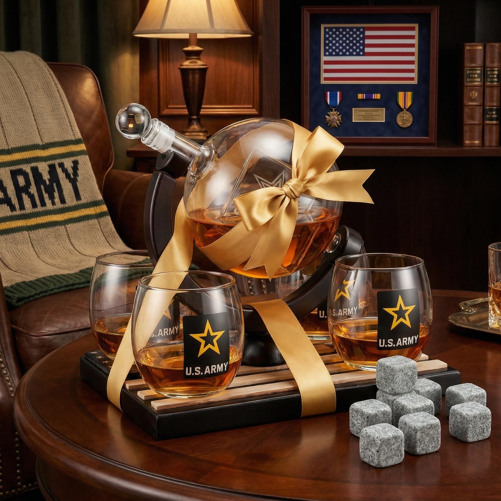 Zestaw karafek do whisky US Army Globe z 4 szklankami na alkohol - drewniana podstawa flagi i 9 kamieni do whisky, zestaw upominkowy dla weterana sił zbrojnych - prezenty dla mężczyzn, na Dzień Ojca