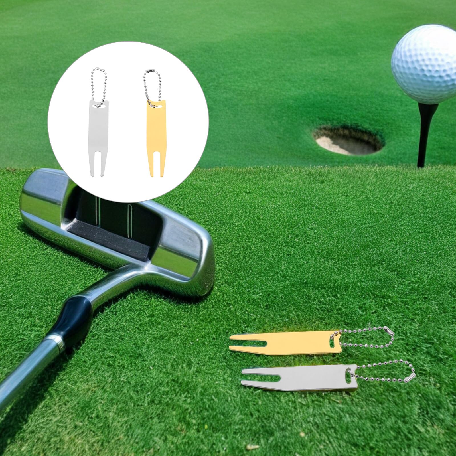 VANZACK 2 Stück Golf Divot Tool aus Metall mit Ballmarker Wetterfeste Grasreparaturgabel Tragbares Pitch Mark Werkzeug für Golfer zur Rasenpflege und Putt-ausrichtung