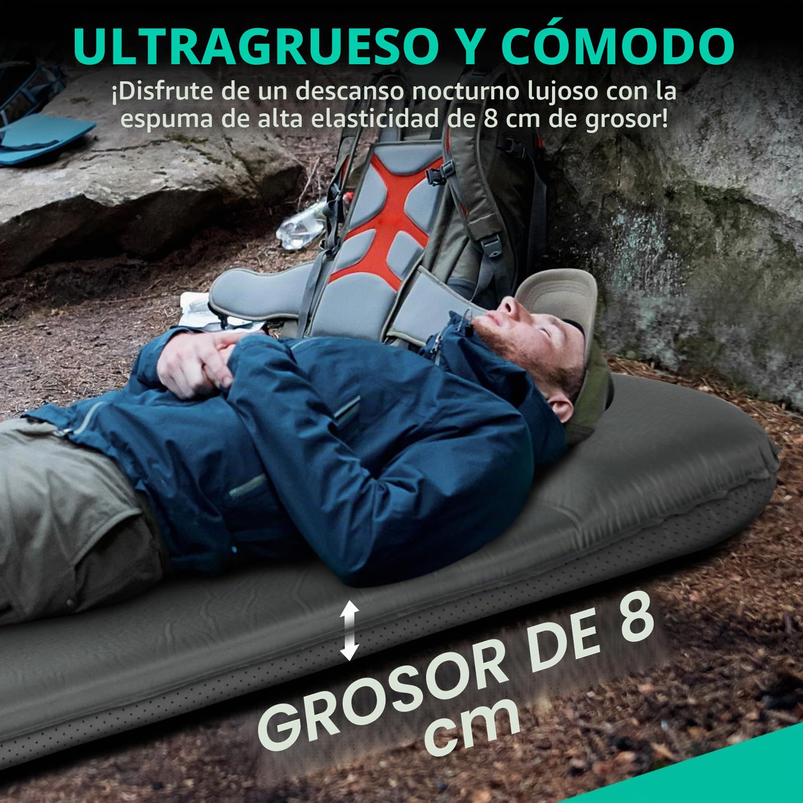 HIKENTURE Colchoneta autoinflable, 8 cm de grosor, colchón de espuma, colchón de aire autoinflable, cómoda colchoneta para dormir para exteriores, tienda de campaña, senderismo-A1