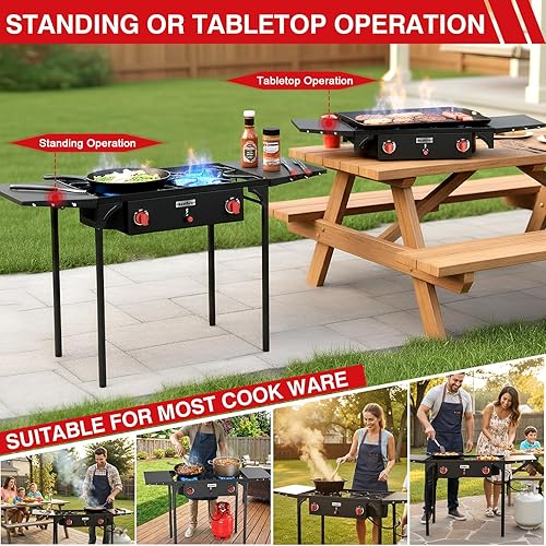 Miniatura 7 de Bestfire Estufa de camping de 2 quemadores con botón de encendido automático, estantes laterales y regulador, 150,000 BTU, estufa de gas