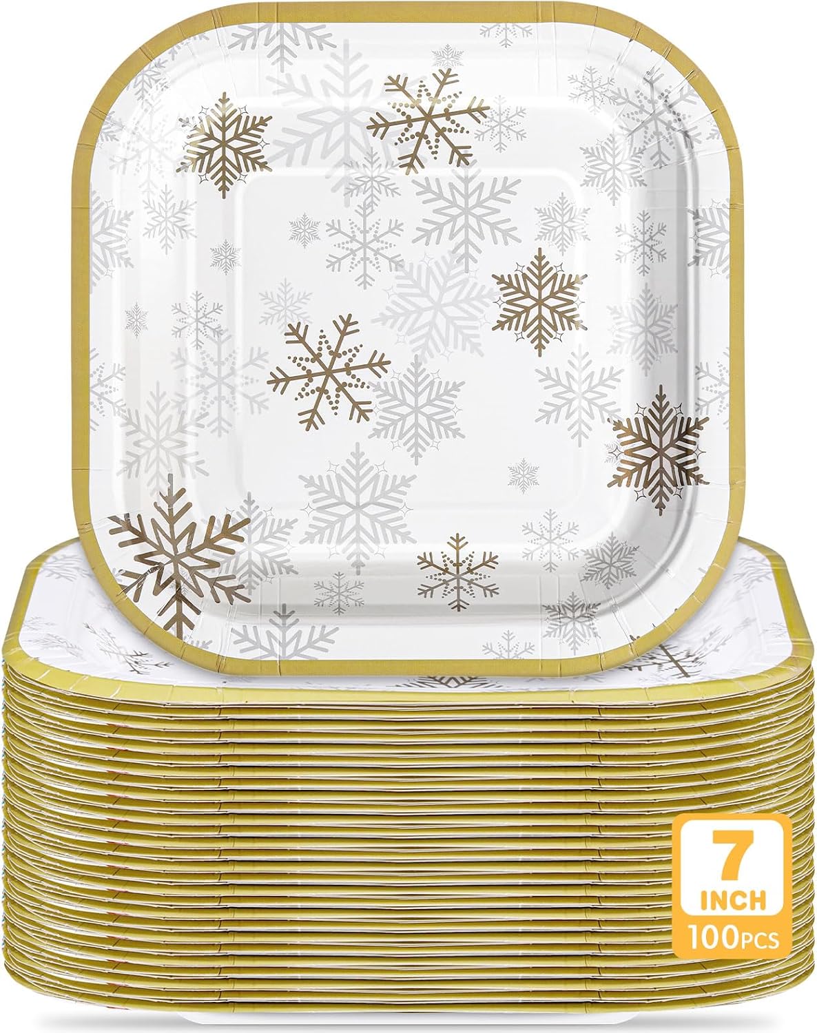 Potchen 100 Pcs Christmas Snowflake Dessert Plates Bulk 7 x 7 Inch Winter Gold Snowflake Paper Plates Disposable Square for Holiday Party Decorations Supplies