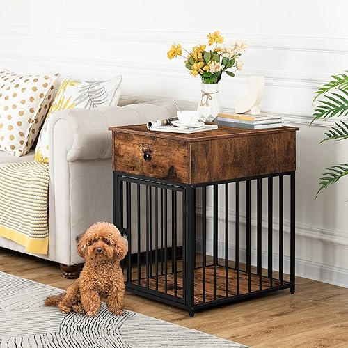 Miniatura 2 de HOOBRO Muebles de jaula para perros, casa de madera para perros, perrera decorativa con cajón, mesa auxiliar de jaula de interior para perros
