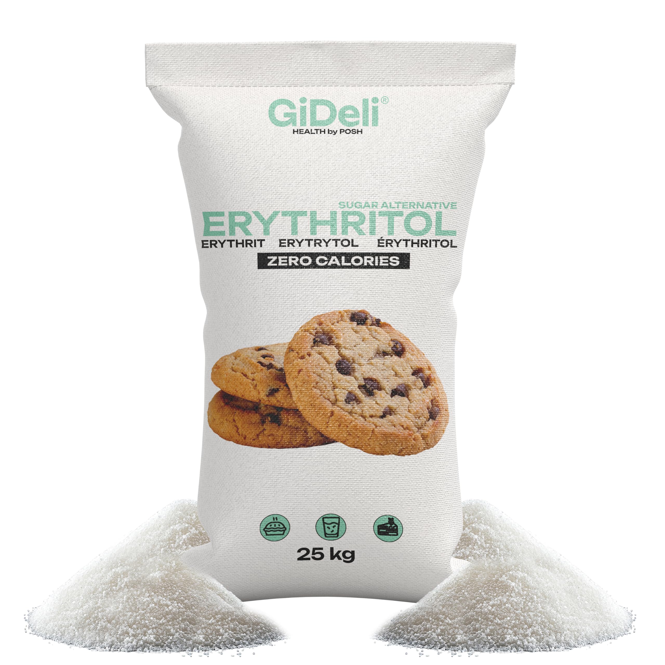 GIDeli Erythrit 25kg - Gesund Zuckerersatz ohne Kalorien - Niedriger Glykämischer Index - Natürlicher Zucker Geschmack - Ideal für Keto, Diabetiker - für Süßwaren, Kaffee, Tee - Großpackung