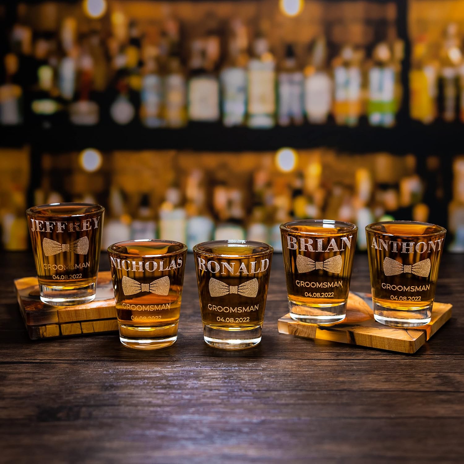 Gifts Inscribed Personalized Shot Glasses Set of 5 – Custom Engraved Groomsmen Glasses – Wedding, Bachelor Party, Drinking Gift for Men, Whiskey Vodka Tequila Shooters