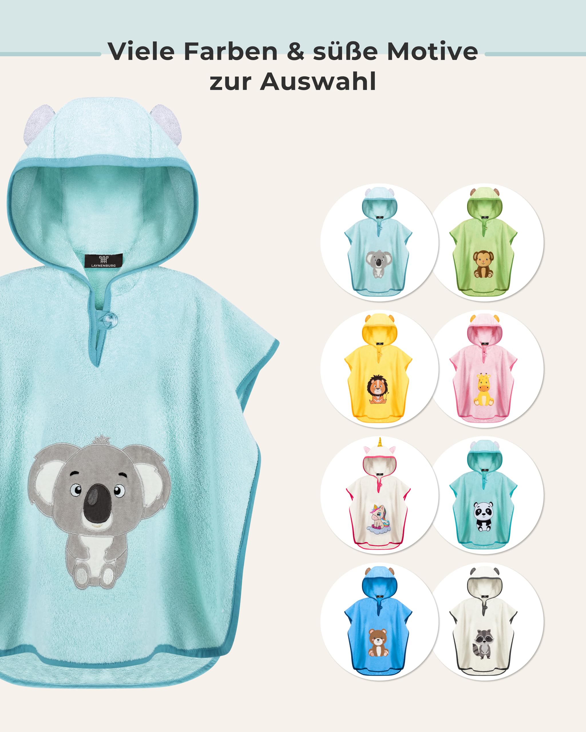 LAYNENBURG Ponczo kąpielowe premium dla dzieci z kapturem – 100% bawełna – Öko-Tex – dla chłopców i dziewczynek, ponczo frotte, Jasnoniebieski - Koala, 3-5 lat