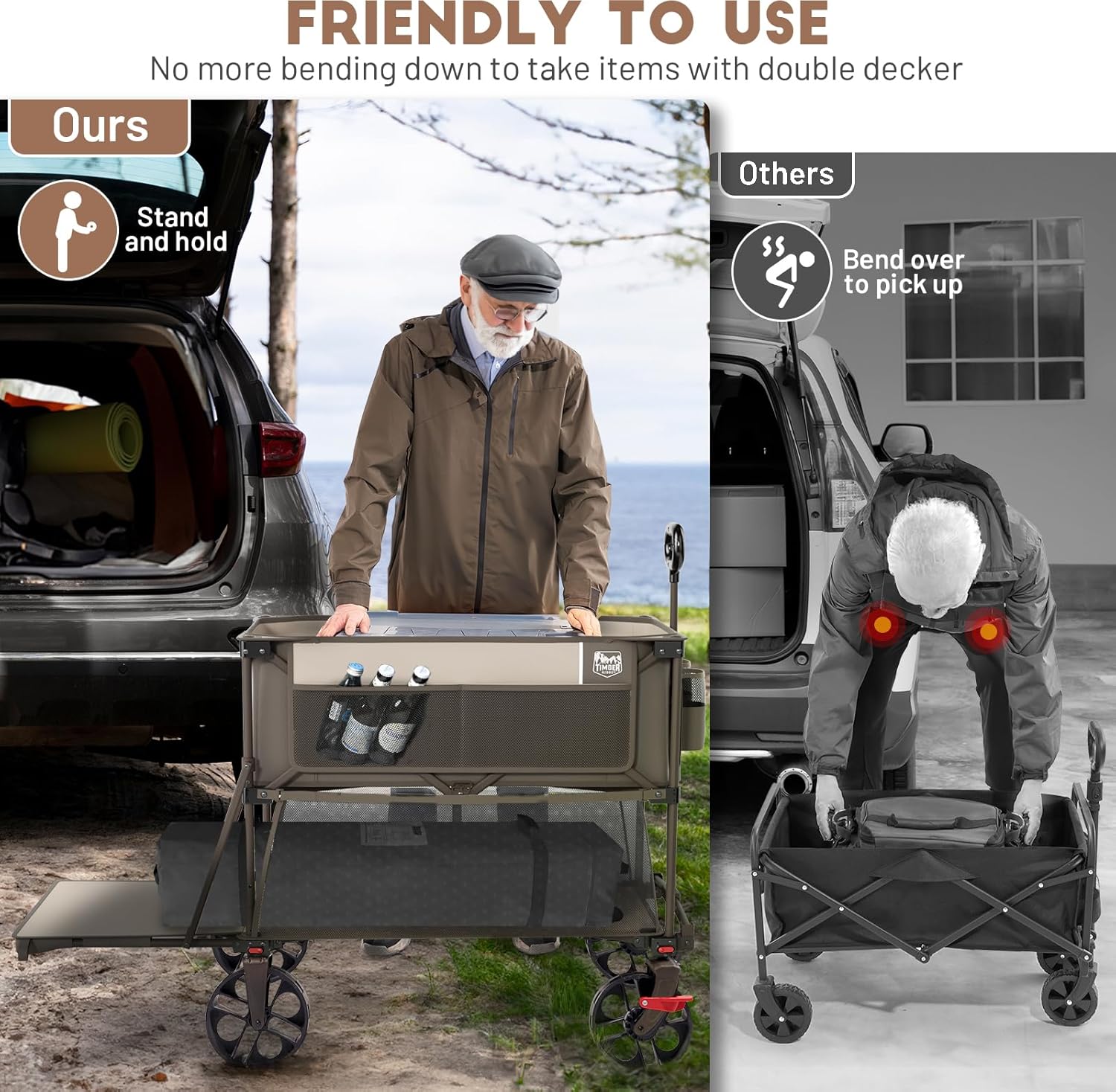 TIMBER RIDGE 400L Large Capacity Folding Double Decker Wagon with Brakes, 54 Extra Long Extender Wagon Cart, 450lbs Heavy Duty Collapsible Cart, All-Terrain Big Wheels for Camping, Sports, Shopping