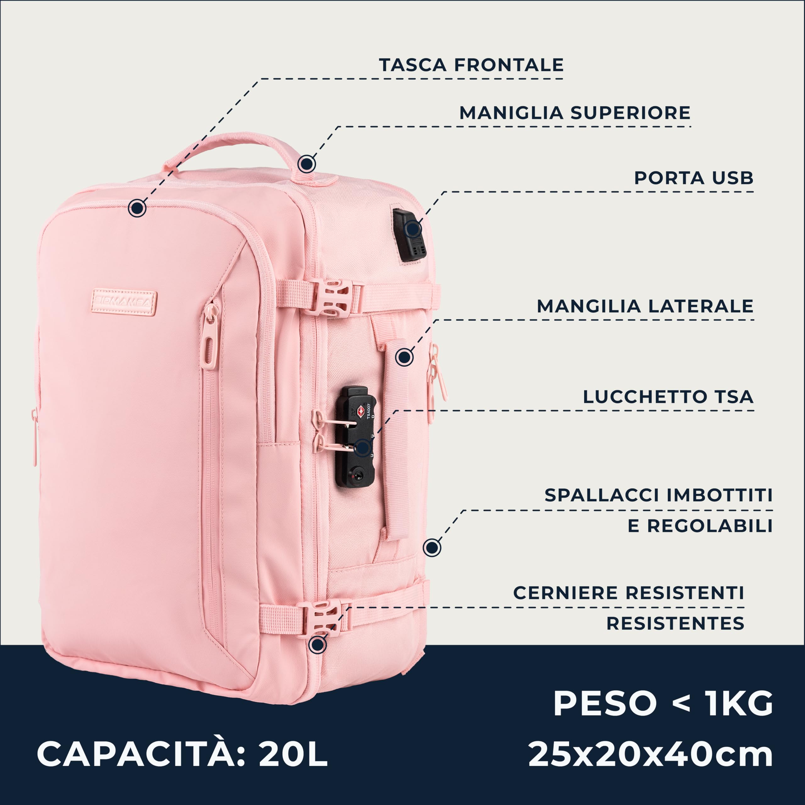 Zaino Bagaglio A Mano 40x20x25 Ryanair, Zaino Borsa 20L Voli Low Cost Easyjet - Rosa