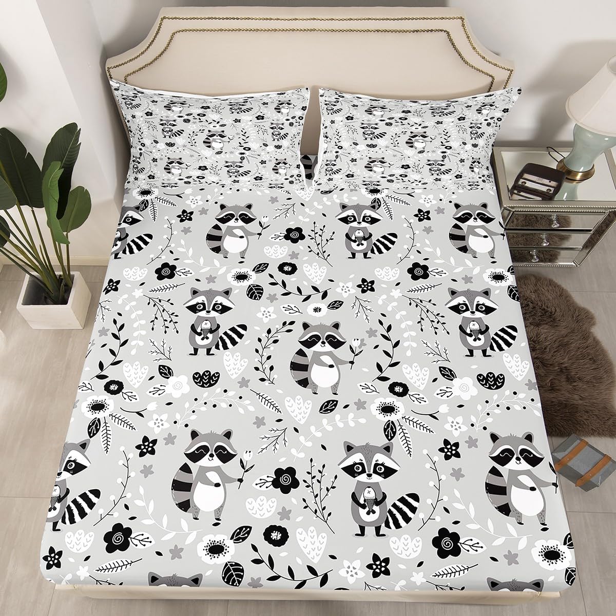 Erosebridal Full Size Raccoon Sheet Set Cartoon Animal Bed Sheets Set Botanical Flowers Woodland Theme Sheets for Kids Boys Girls Bedroom - Grey Black White Fitted Sheet + Top Sheet + 2 Pillowcases