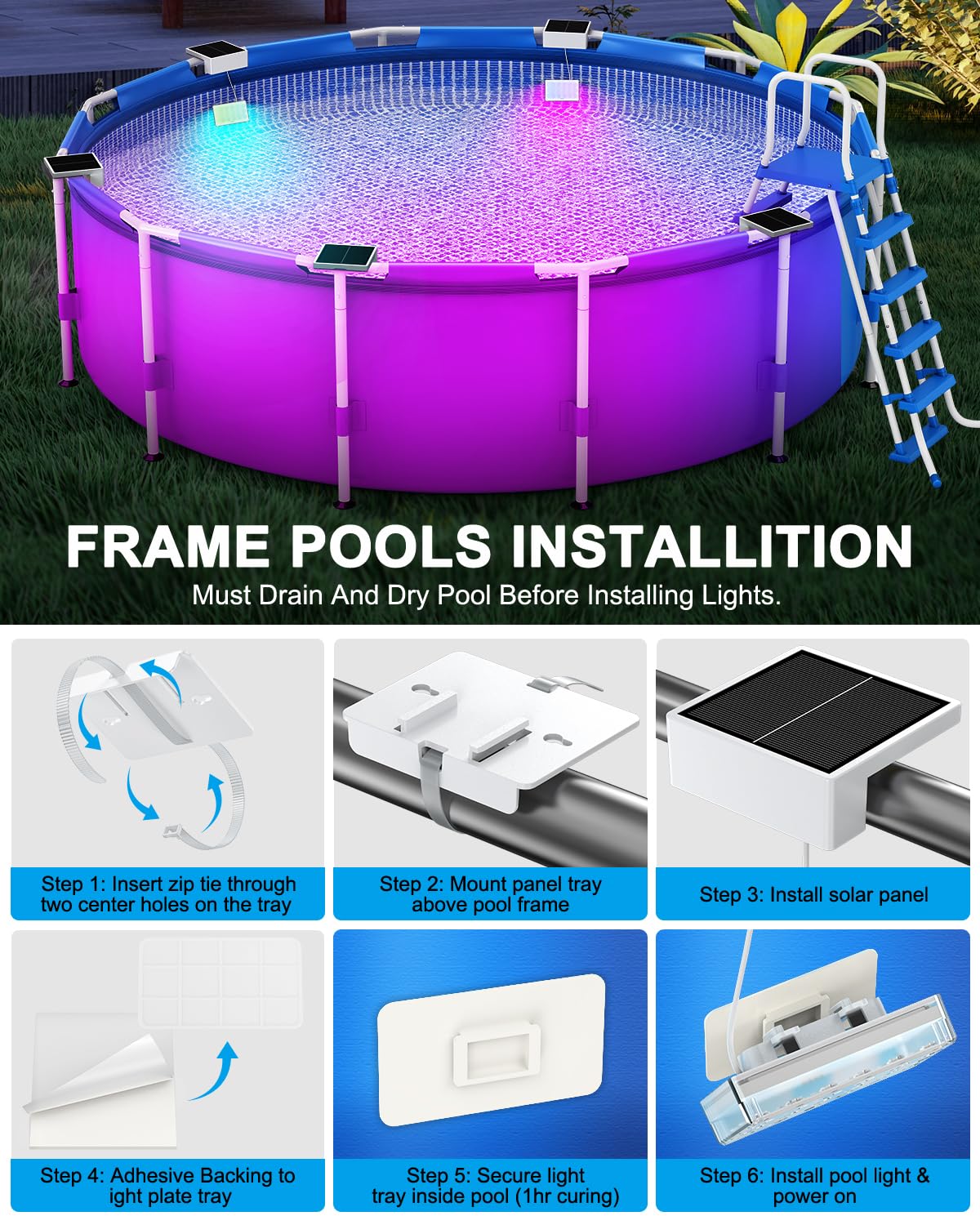 Solar Rechargeable Pool Lights With Remote – 16 Color RGB LED, IP68 Waterproof, 4-Pack For Pools & Ponds
