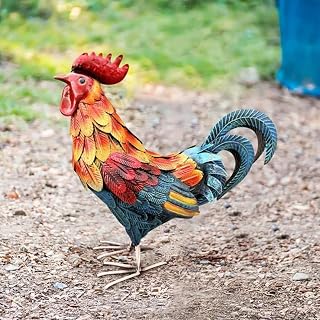 BLOWEST 2D Flat Metal Rooster Decor, Metal Rooster Garden Statue, Metal Chicken Yard Art Sculpture Outdoor Figurines, Rooster Yard Art Decor Standing Animal Ornament (D)