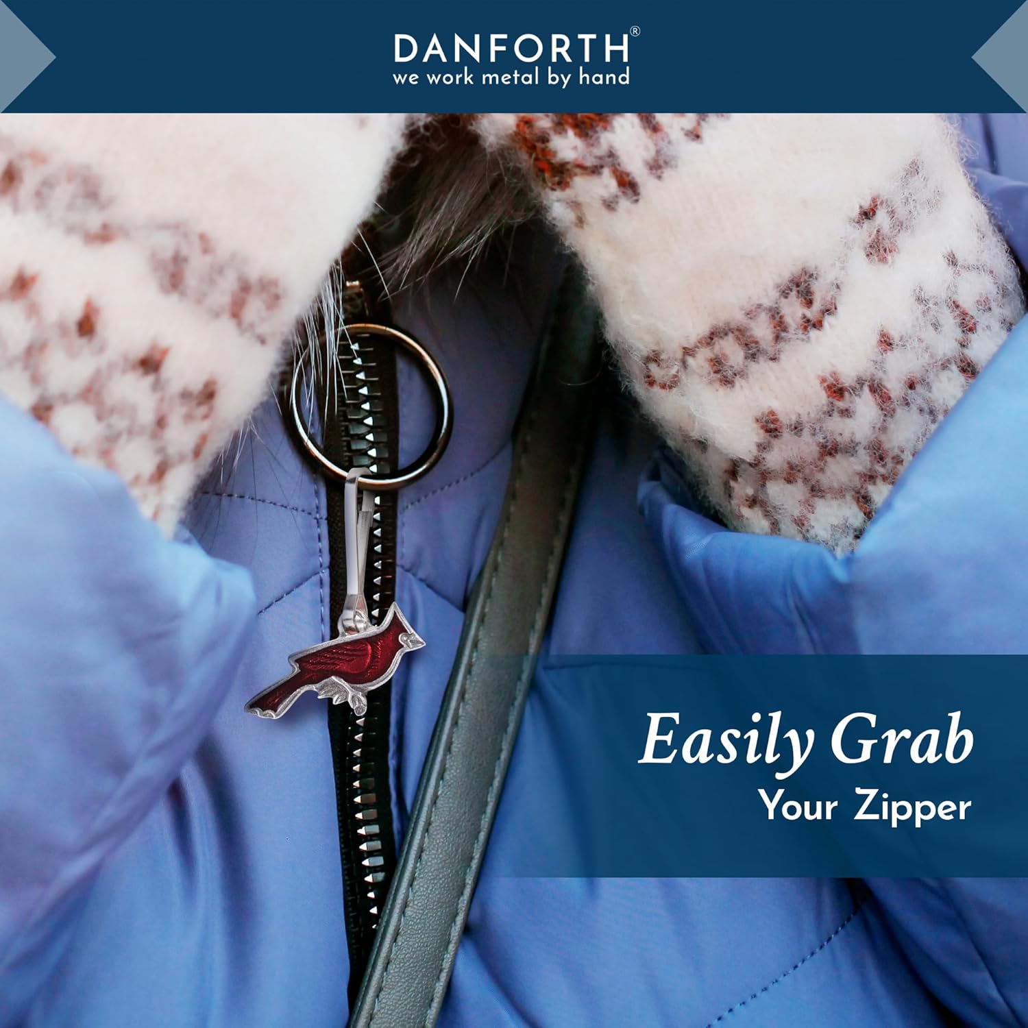 DANFORTH - Cardinal Zipper Pull - Handcrafted Pewter - Red - 1 Inch Wide Charm - Jacket Accessories - Made in the USA - Image 3