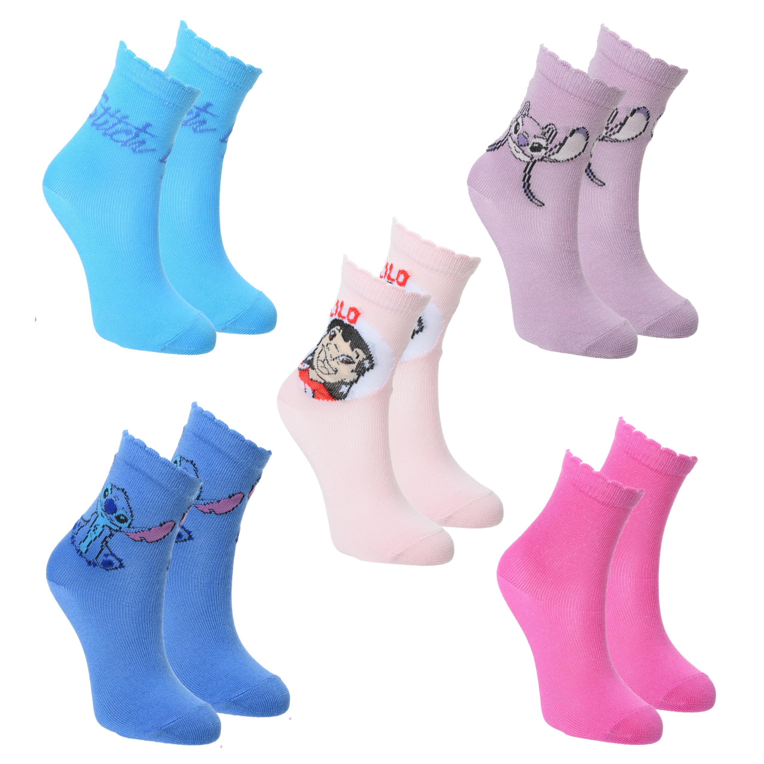 Disney Girls Multicoloured Stitch Socks For Lilo Stitch And Angel Design Set Of 5 Classic Socks, Sizes Eu 23 To 34, 31-34